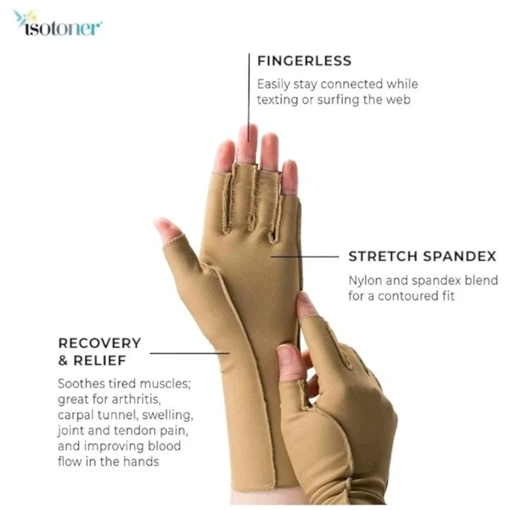 Isotoner Open Finger Compression Gloves Large Arthritis Carpal Tunnel Beige